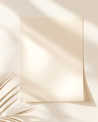 Aufkleber - Aesthetic mockup featuring a blank paper sheet on a beige surface, with soft shadows and a subtle palm leaf for visual interest. Minimal and elegant.