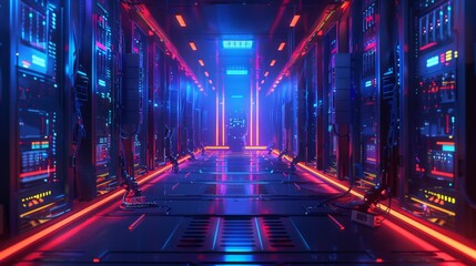 Leinwandbilder - A long corridor in a modern data center is illuminated with colorful neon lights and filled with rows of servers. The atmosphere is electric and energizing, reflecting advanced technology.