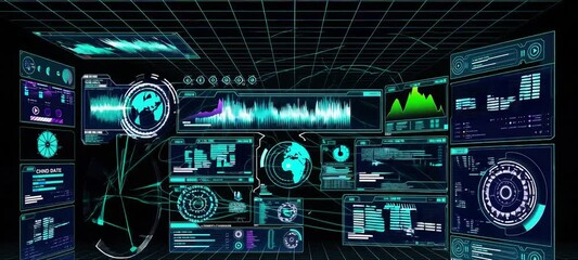 Poster - Advanced futuristic interface displays global data in hightech command center