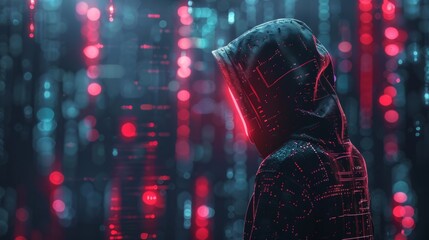 Aufkleber - Cyber figure in a hooded jacket surrounded by glowing digital pa