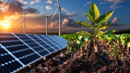 Canvas Print - Sustainable energy solutions in a scenic countryside landscape featuring solar panels and wind turbines set against a beautiful sunset sky  This image represents the transition to clean