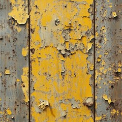 Poster - Detailed close up of weathered yellow paint peeling from old metal surface showing rust and decay for texture background