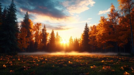 Poster - Field of grass with a misty forest and trees in the background on a calm and tranquil morning