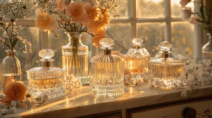 Poster - Vintage perfume bottles in various shapes are artfully arranged on a sunlit table. Fresh flowers in soft hues create a warm and inviting atmosphere, enhancing the beauty of the scene.