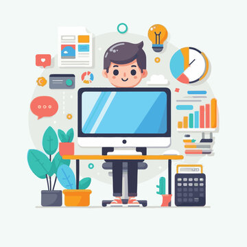 computer, technology, digital, business, communication, laptop, tech, device, design, pc, work, internet, office, web, desktop, monitor, employee, information, modern, data, electronic, vector, backgr