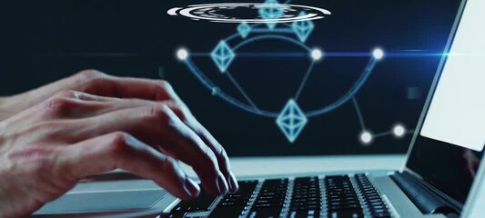 Poster - Cybersecurity animation: hands typing with transforming digital graphics and lock symbol