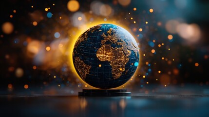 Aufkleber - Globe illuminated with lights against a blue and yellow background showing world map details and geography