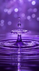 Poster - Captivating purple water drop collision photography showcasing fluid dynamics and abstract reflection with bokeh background and elegant design