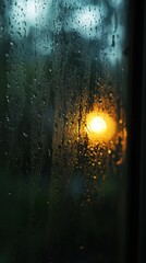 Poster - Rainy Window Reflection Captures the Golden Hour Light Creating a Warm Glow on a Gloomy Day with Abstract Water Droplets