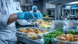 © Marketplace - Close up view of a food inspector meticulously examining prepared dishes in a professional kitchen setting