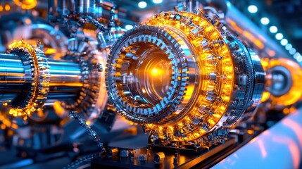Poster - Closeup view of intricately designed metallic gears cogs and turbine machinery in a futuristic industrial setting showcasing the complex engineering and power of advanced technology