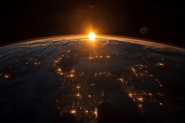 the earth rising above the horizon with a shining sun