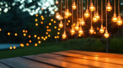 Poster - Wooden table with hanging light bulbs and a cascade of twinkling string lights illuminating the scene