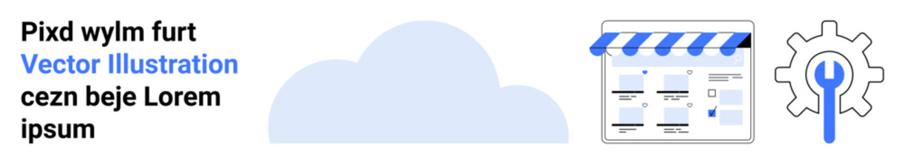 Cloud icon, e-commerce storefront interface with blue canopy, and gear with wrench. Ideal for e-commerce, online store setup, digital marketing, web development, tech support, cloud services small
