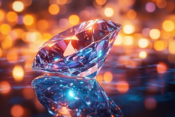 Poster - Sparkling diamond gem reflecting light on a dark surface with a bokeh background creating a luxurious and elegant mood for jewelry concept