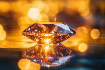 Poster - Radiant diamond gemstone with golden bokeh background reflecting light in a captivating close up shot for luxury and wealth