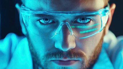 Poster - scientist analyzing data in holographic environment with focused intensity