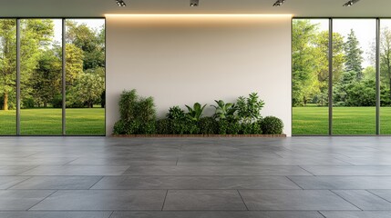 Poster - Minimalist room with large window plant and futuristic architectural design in high fidelity