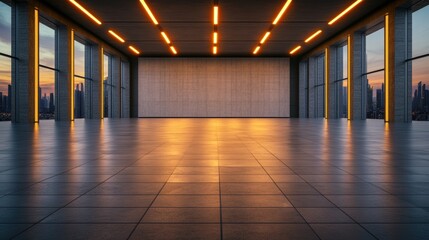 Poster - Minimalist room with large windows and futuristic architectural design featuring expansive floor space