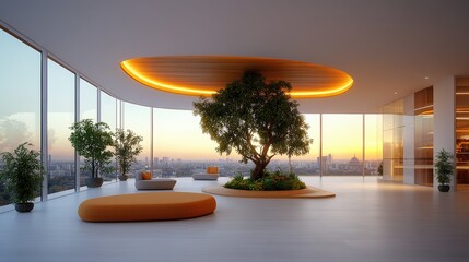 Poster - Living room with a central tree in a minimalist futuristic architectural design