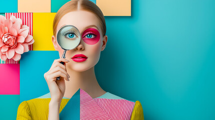 Poster - Woman with colorful makeup holds a magnifying glass against a vibrant backdrop filled with shapes and textures