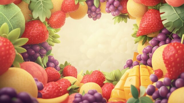 A juicy mix of cartoon fruits, such as strawberries, grapes, and watermelons, arranged on a plain-colored background with room for text.