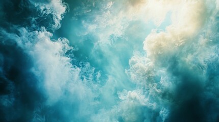 Poster - Soft layers of clouds intermingle in shades of blue and white, illuminated by gentle sunlight, creating a peaceful atmosphere. Nature's artistry captivates the beholder's imagination at twilight
