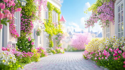 Poster - Colorful flowers blooming in a charming pathway during early spring in a vibrant garden setting
