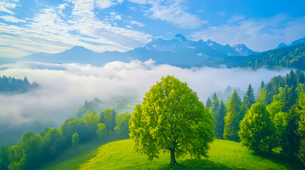Poster - Lush green landscape with a solitary tree and misty mountains in the background during daylight
