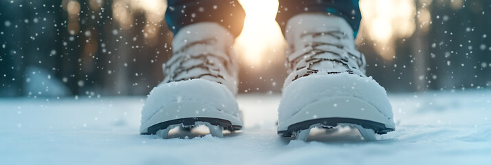 Snowy Winter Boots: A close-up of insulated boots covered in fresh snow, capturing the essence of a cold winter day.