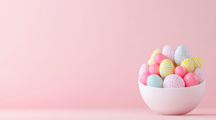 Aufkleber - Colorful pastel eggs arranged in a decorative bowl for Easter celebration on a pink background