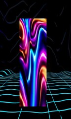 Poster - Vibrant neon waves pulsating over grid in futuristic digital space