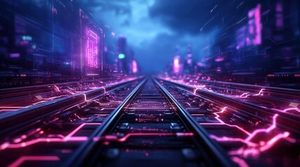Poster - Futuristic cityscape with neon lights and elevated train tracks in a cyberpunk environment
