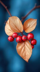 Poster - Crimson berries and golden leaves create a vibrant autumn still life against a deep blue backdrop capturing seasonal beauty