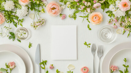 Poster - Floral table setting with pastel flowers and empty space for personalized message