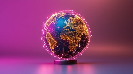 Aufkleber - Glowing globe with highlighted continents on a pin against a purple background in high fidelity image