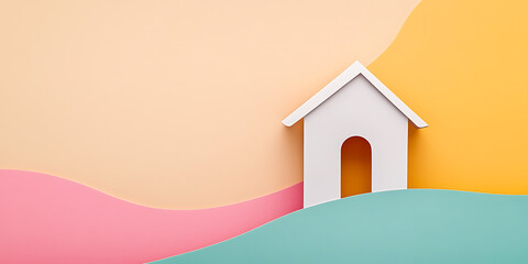 Aufkleber - Minimalist papercraft house atop a colorful landscape. Dreamy scene with pastel hues & simple design evokes a sense of home, comfort and serenity.