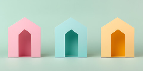 Aufkleber - Colorful house-shaped figures stand in a row, each with a unique color and opening, creating a cheerful and inviting atmosphere. Abstract houses in a pastel palette.