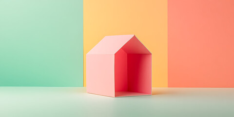 Aufkleber - Minimalist shot of a pink paper house on a light green surface, set against a backdrop of pastel green, yellow, and pink panels.