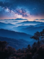 Wall Mural - majestic milky way galaxy shining above mountain ranges in a serene night landscape scenic vista