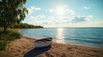Poster - sunset on the beach with a boat resting on the shore and another boat floating on the calm sea