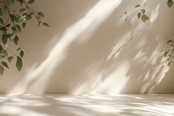 Poster - Minimalist Studio Backdrop with Eucalyptus Branches and Soft Sunlight for Product Photography and Interior Design Mockups