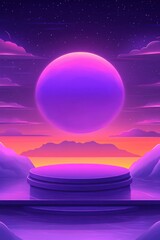 Poster - Surreal purple landscape with glowing orb and platform for product display in a dreamy night scene with stars and mountains digital art