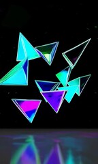 Poster - Colorful geometric triangles in dynamic motion with reflective surfaces and neon glow