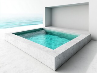 Poster - Serene turquoise pool reflecting the ocean view in a minimalist white architectural setting tranquil scene