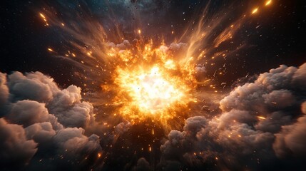 Poster - Large explosion of fire and smoke in the sky with a spaceship escaping rapidly from the blast area