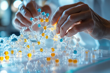 Poster - A scientist carefully assembles a molecular model, representing complex chemical structures and scientific research.