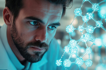 Poster - A focused scientist intently examines a molecular model, deeply engrossed in scientific research and discovery.