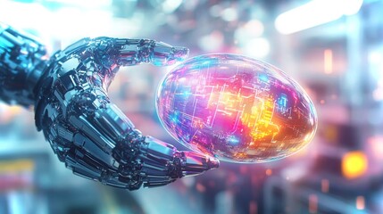 Poster - Advanced robotic hand holding a glowing, high-tech egg in a futuristic environment