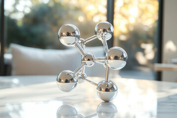 Poster - A chrome molecular structure model sits on a marble table, reflecting light and showcasing its intricate design.
